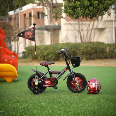 Bicicletă Copii 14 Inch Spider Net – Negru/Roșu, cu Cască și Steag, 4-8 Ani - LUDIRO