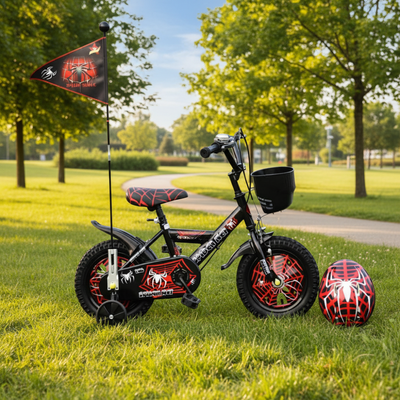 Bicicletă Copii 14 Inch Spider Net – Negru/Roșu, cu Cască și Steag, 4-8 Ani - LUDIRO