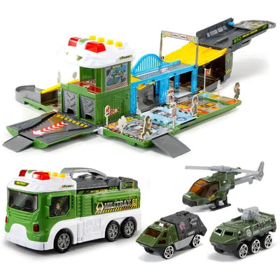 Set de Joaca Camion 2 in 1 Transformabil in Vehicul Militar, cu Masini, Elicopter, Rampa si Sunete Realiste, Jucarie Educativa pentru Copii, Stimuleaza Invatarea prin Joaca,+ 3 Ani - LUDIRO