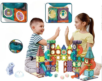 Resigilat - Set de Constructie, Blocuri Magnetice STEAM 3D Educationale, Circuit cu Bile, Lumini Led Interactive, 2 Figurine, Multiple Moduri de Construit, 292 piese, Multicolor, + 3 Ani - LUDIRO