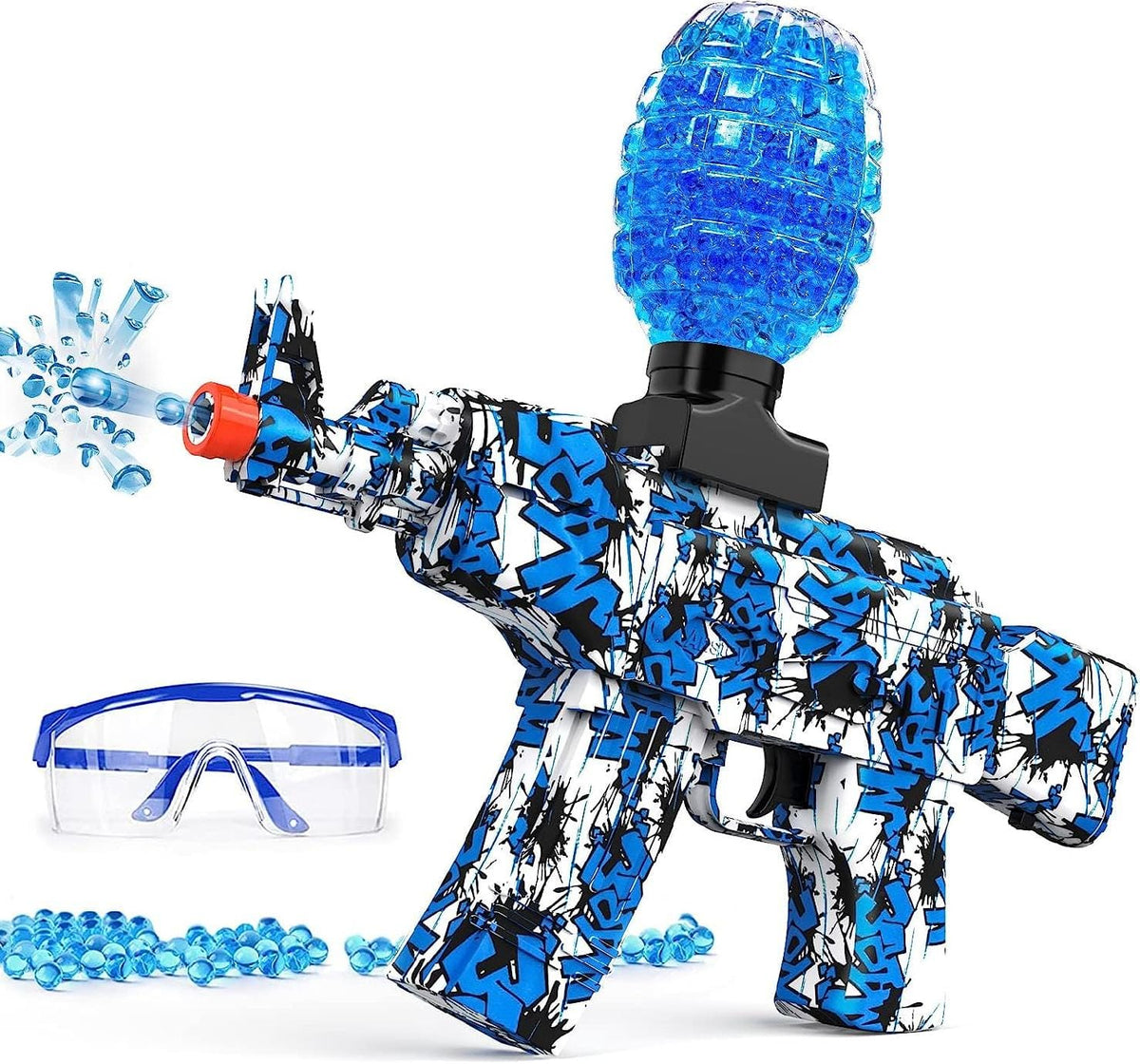 Resigilat - Pusca Automata de Jucarie, 5000 Bile din Gel 7-8 Mm, AK47, Albastru Alb, Ochelari de Protectie, Acumulator cu Incarcare USB, 31X7X28 Cm, + 14 Ani - LUDIRO