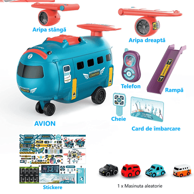 Avion Transformabil Multifunctional, Simulator de Zbor si Condus, Sunete Realiste, 1 Masinuta, Pusculita, Albastru Rosu, 30x29.5x19.5 Cm, + 3 Ani - LUDIRO