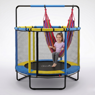 Resigilat - Trambulină pentru copii 8 în 1, Diametru 140 cm, cu plasă de siguranță, hamac, inele și coș de baschet, pentru interior și exterior, Certificare de Siguranta - LUDIRO