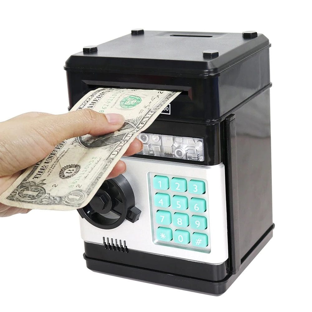 Resigilat - Pusculita Seif pentru Copii, ATM de Jucarie, Sunete si Lumini, Rulare automata a Bancnotelor, 19.5x13x12 Cm, Negru, + 3 Ani - LUDIRO