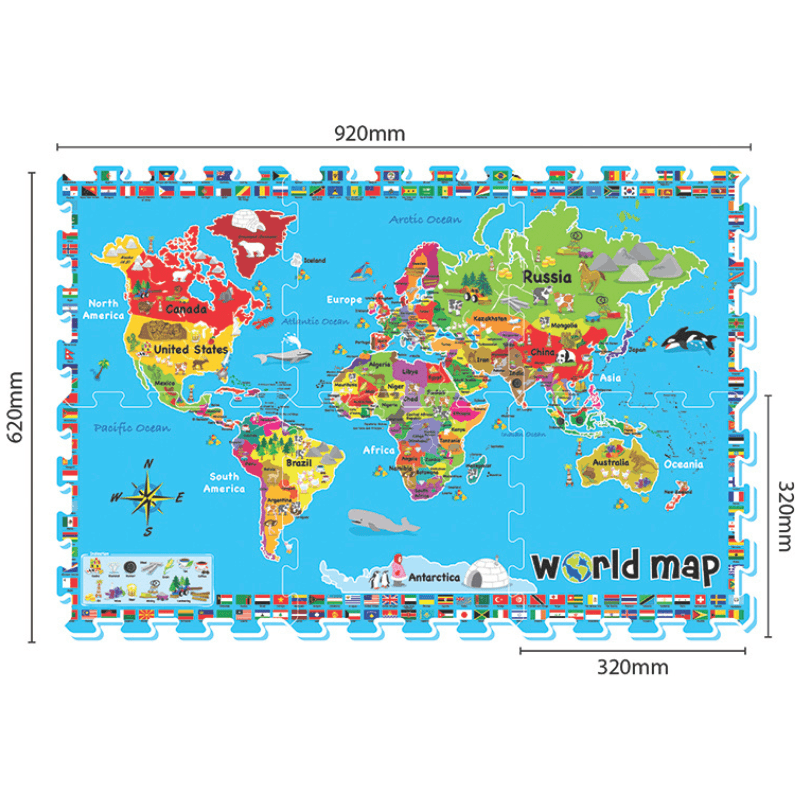 Covor Puzzle din Spuma EVA pentru Copii Ludiro, Set 6 Piese Educationale cu Harta Lumii, Sigur, Non-Toxic, Suprafata Totala 92x62 Cm, Joaca si Invatare - LUDIRO