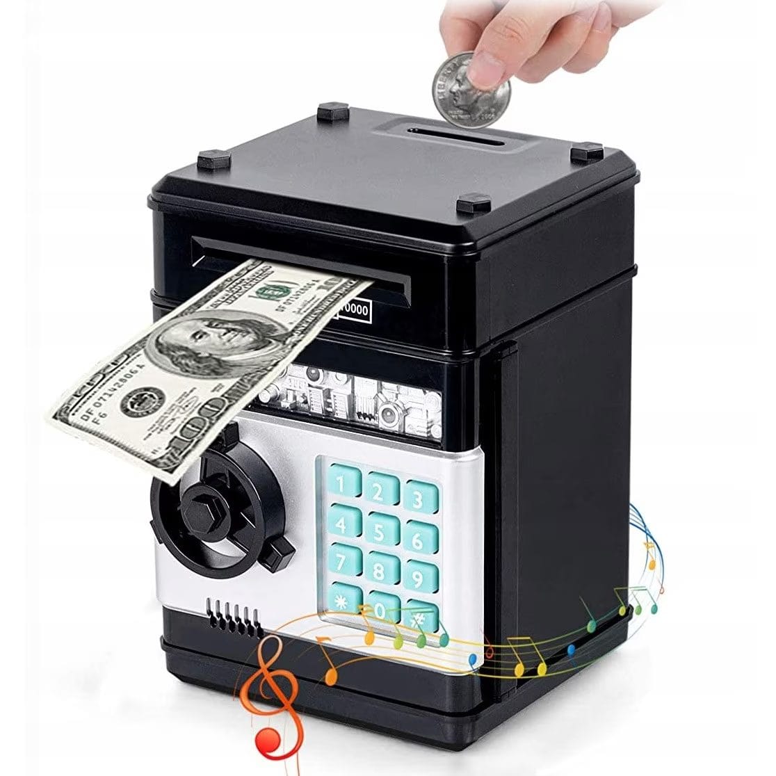 Resigilat - Pusculita Seif pentru Copii, ATM de Jucarie, Sunete si Lumini, Rulare automata a Bancnotelor, 19.5x13x12 Cm, Negru, + 3 Ani - LUDIRO