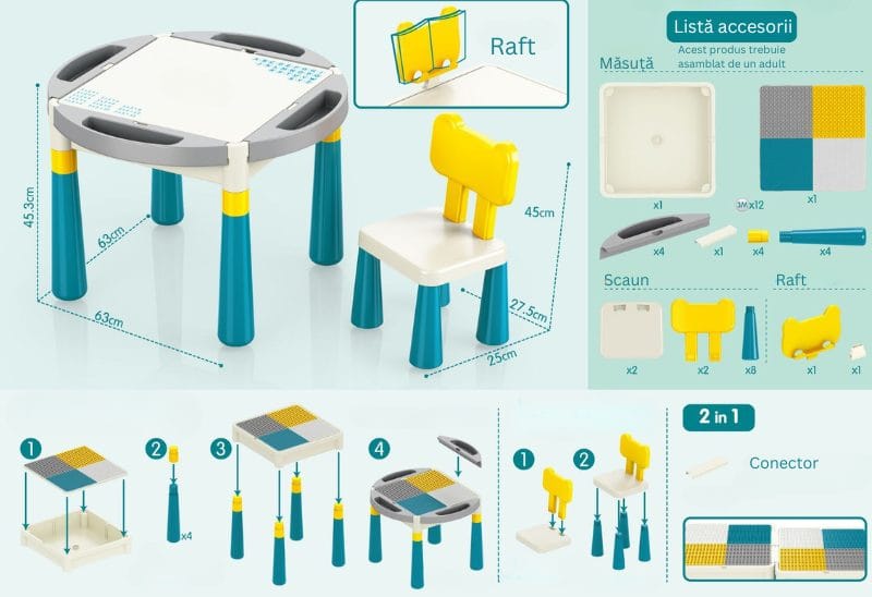 Set Masuta de Activitati pentru Copii cu 2 Scaune incluse, Design Ergonomic si Sigur, Compatibila cu Blocuri Mari de Constructie, Perfect pentru Dezvoltarea Creativitatii,Ideal pentru Camera de Joaca - LUDIRO