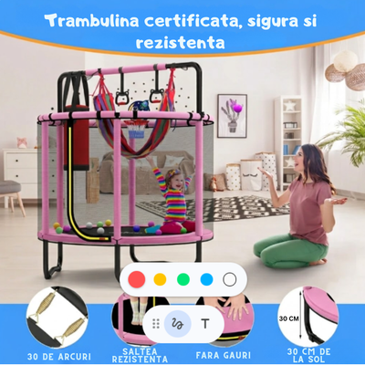 Resigilat - Trambulină pentru copii 8 în 1, Diametru 140 cm, cu plasă de siguranță, hamac, inele și coș de baschet, pentru interior și exterior, Certificare de Siguranta, Roz