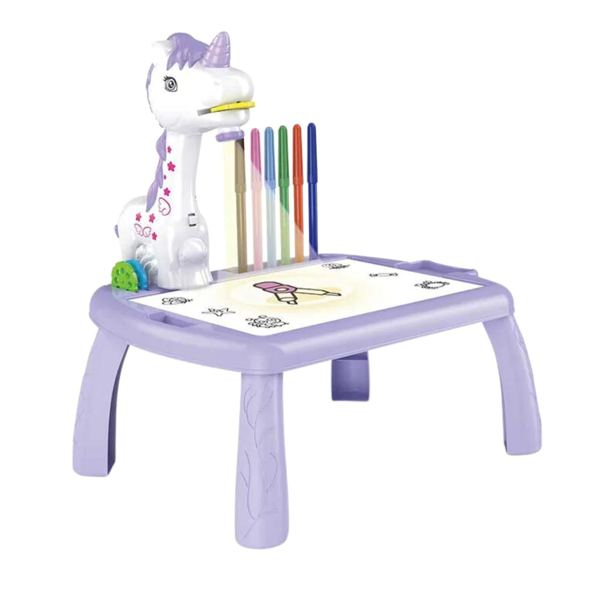 Resigilat - Set Masuta pentru Desen cu Proiector Holografic si Accesorii, 3 Discuri cu 24 Modele, Unicorn, 12 Carioci, Mov, 32x29.5x23 Cm, + 3 Ani - LUDIRO