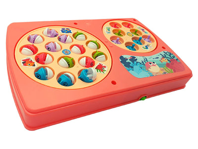 Resigilat - Set Interactiv 2 in 1, Joc Pescuit cu 15 Pestisori si 2 Undite, Joc Whack A Mole cu 8 Cartite si 2 Ciocanele, Cadru Rotativ, Sunete, 28x18x4 Cm, Roz, + 3 Ani - LUDIRO