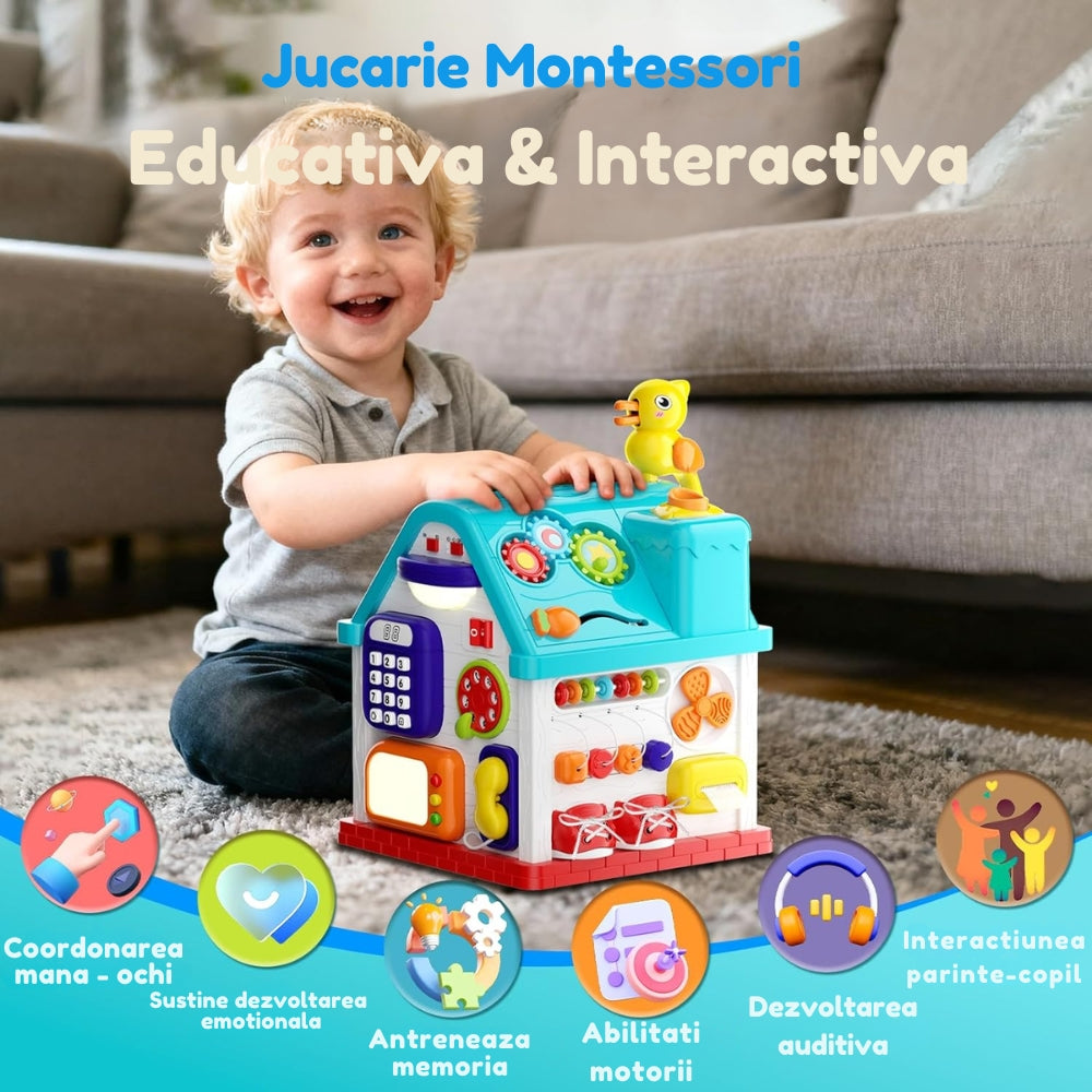 Resigilat - Căsuță Interactivă Montessori 20 în 1 pentru Bebeluși, Centru de Activități Educativ cu Muzică, Lumini, Telefon, Sortator și Joc Prindere Păsări, Fără BPA, 6-36 Luni - LUDIRO