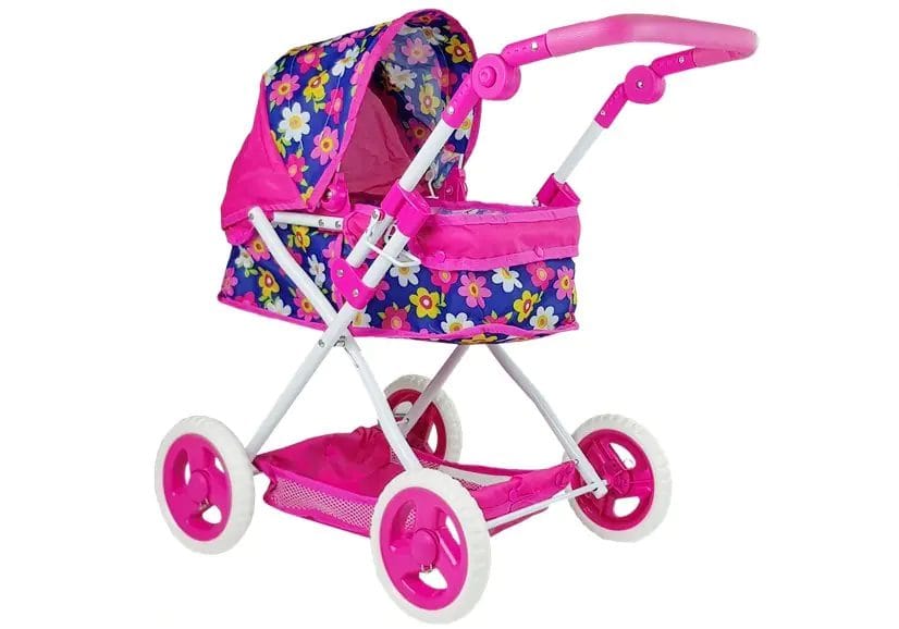 Carucior Landou pentru Papusi, Pliabil, Cu Maner Reglabil, Model Floral, Inaltime 65 Cm, Multicolor, + 3 Ani - LUDIRO