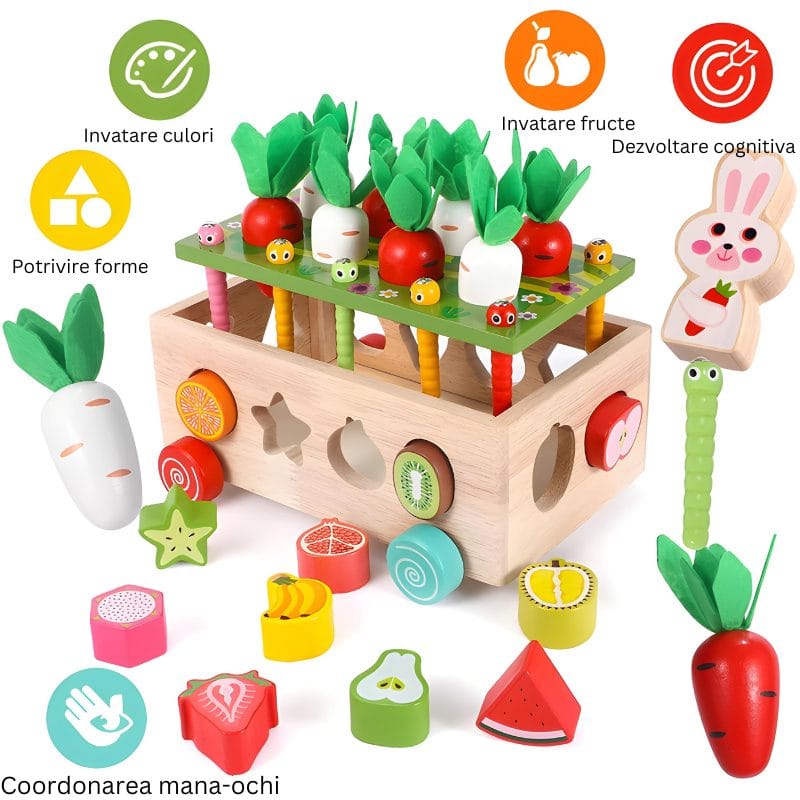 Set Educativ din Lemn cu Multiple Functii, Cutie cu Roti, Sortare si Potrivire, Magnetic, 21.5x16x9 Cm, + 1 An, Utility One - LUDIRO