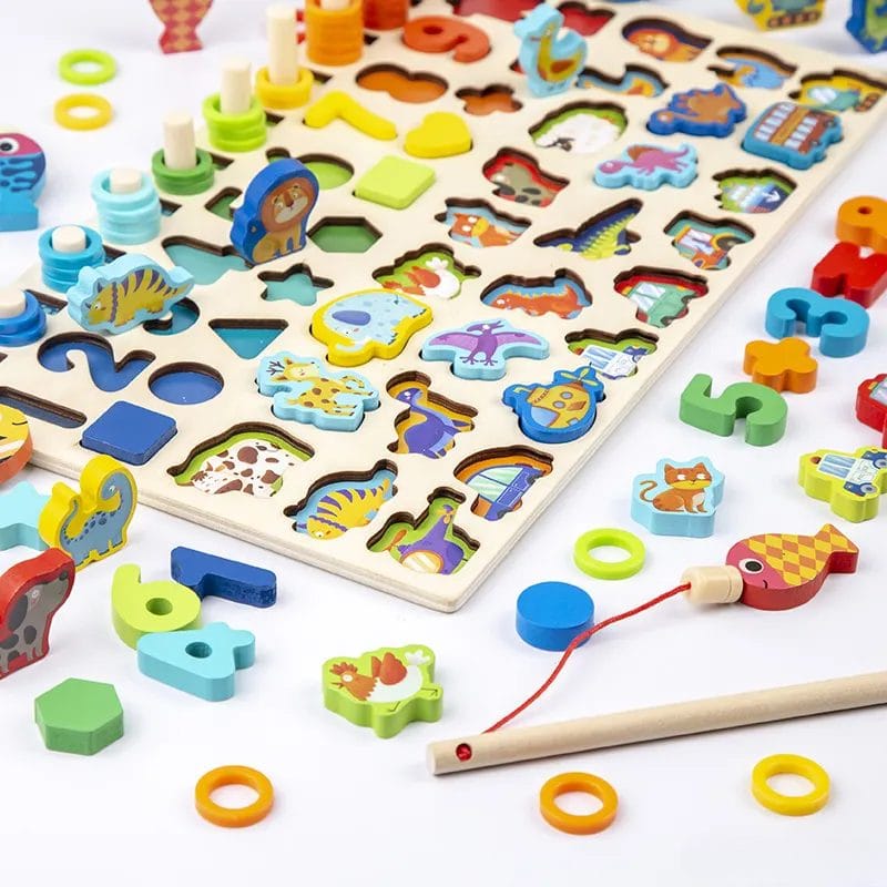 Jucarie Educativa Multifunctionala Montessori, Puzzle din Lemn cu Cifre, Forme, Animale, Dinozauri si Vehicule pentru Dezvoltarea Cognitiva, Ideal pentru Copii Prescolari, 40x22.5 Cm, + 3 Ani - LUDIRO