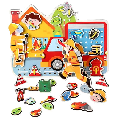 Puzzle Interactiv din Lemn, Pompieri, 31 piese de Snuruit pentru Dezvoltarea Abilitatilor Motorii si Educatia Copiilor, 29x21.5 Cm, +3 Ani - LUDIRO