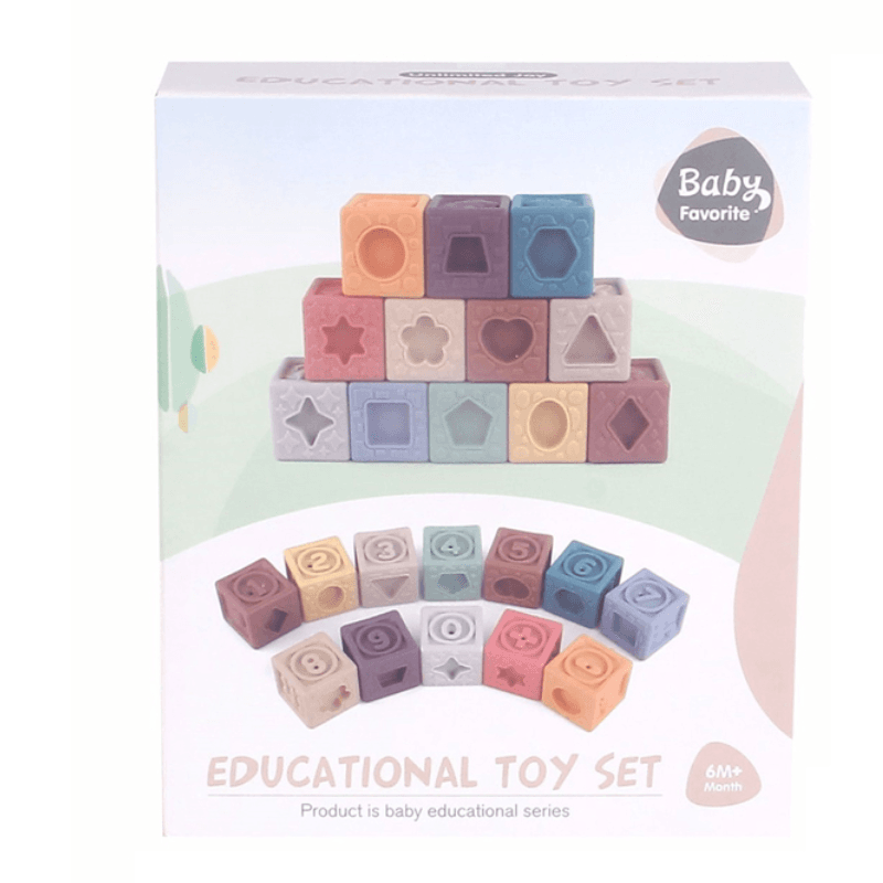 Set Educativ 12 Cuburi Senzoriale din Silicon Ludiro, Numere si Forme, Stivuire Bebelusi +6 Luni - LUDIRO