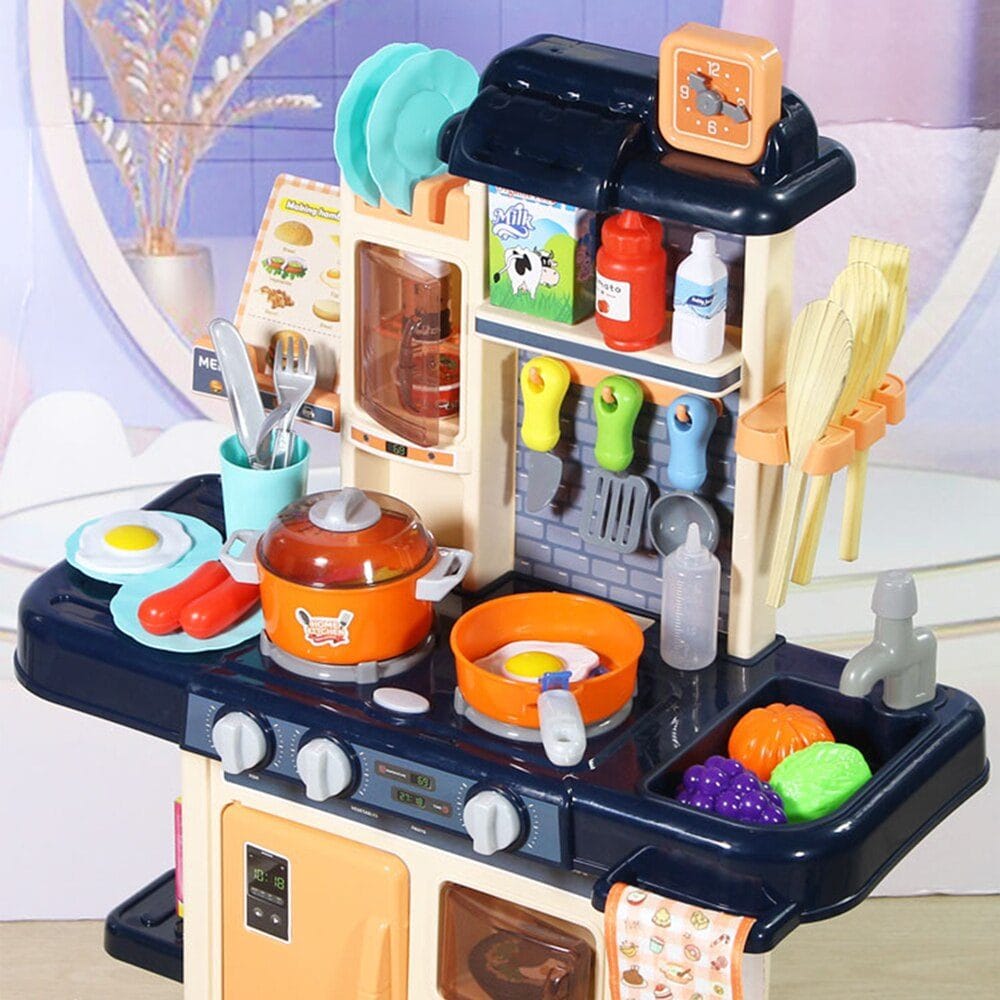 Resigilat - Set de Joaca Bucatarie Multifunctionala pentru Copii, 42 Piese, Lumini si Sunete Realiste, Aragaz, Cuptor, Chiuveta Functionala cu Apa, Bej Albastru, 63x47x23 Cm - LUDIRO