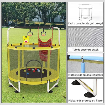 Trambulina pentru Copii LUDIRO, Diametru 140 Cm, Cu Plasa de Siguranta, Cos Baschet, Leagan Si Accesorii, Suporta 200 kg, Interior sau Exterior, Pentru Dezvoltarea Echilibrului, Galbena, + 3 Ani - LUDIRO