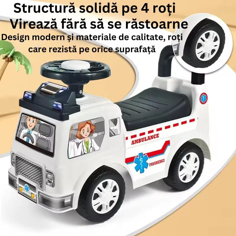 Resigilat - Masinuta Ride On pentru Copii, Ambulanta, Margini Rotunjite, Cu Spatar, Volan si Claxon, 52.5x22.5x37 Cm, +3 Ani - LUDIRO