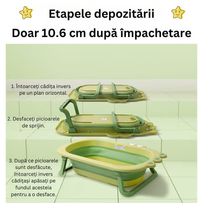 Cadita Pliabila pentru Copii, Design Dinozaur, Sigura si cu Dimenisuni Generoase, 80x49 Cm, Material Ecologic, Sistem Anti Alunecare, Usor de depozitat, Ideala pentru Baie - LUDIRO