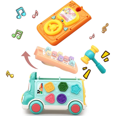 Resigilat - Jucarie Interactiva, Autobuz Multifunctional cu Activitati, 6 Functii Educative, Sunete si Lumini, 23x15x15 Cm, Albastru Portocaliu, + 3 Ani - LUDIRO