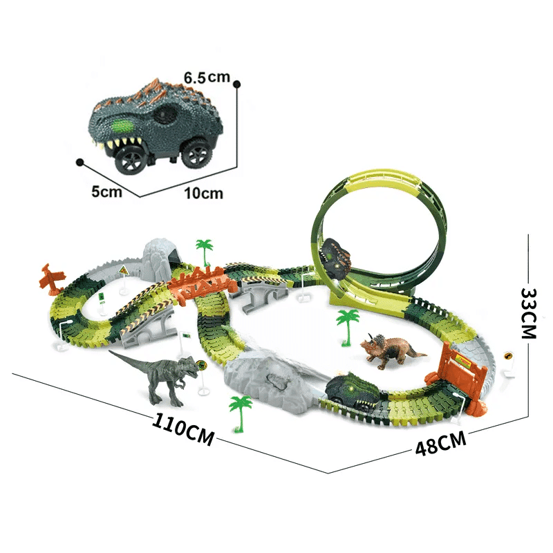 Set interactiv DIY, Pista de Curse Dino Park cu Masinuta Electrica, 132 Piese, 2 Dinozauri, Diferite Accesorii, Lumini si Sunete, 110x48x23 Cm + 3 Ani - LUDIRO