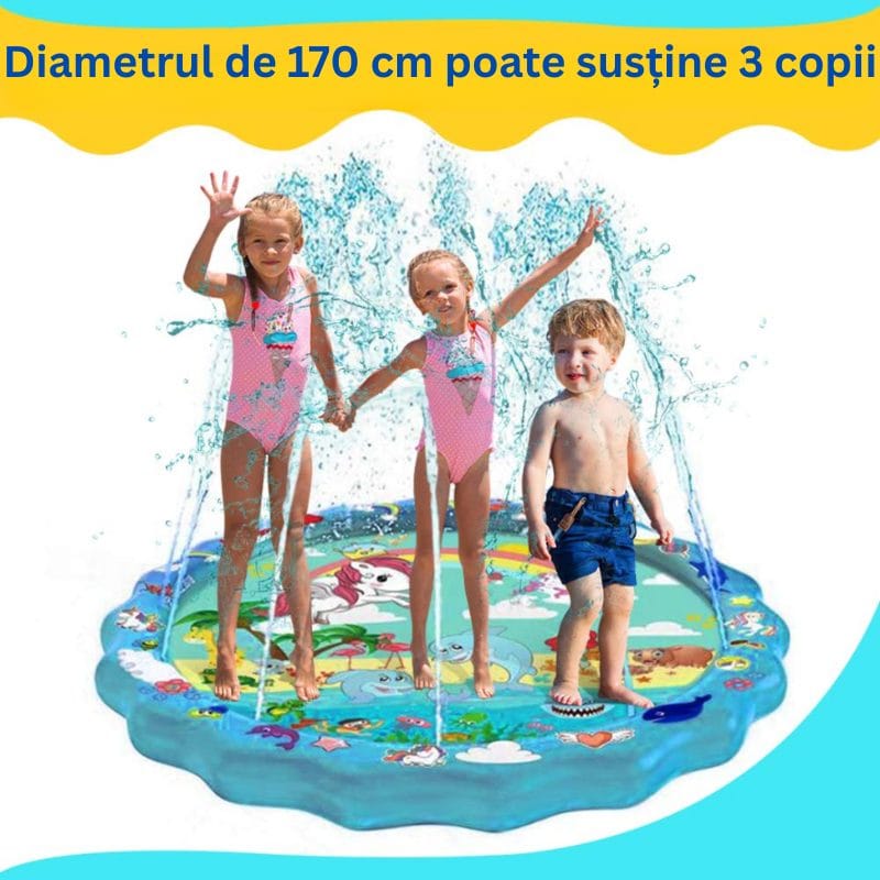 Covoras cu Apa pentru Joaca LUDIRO, Diametru 170 Cm, Fantana Arteziana Interactiva cu Animalute, Unicorn si Delfini, Joaca Distractiva si Educativa in Gradina pentru Copii, 1-6 Ani - LUDIRO