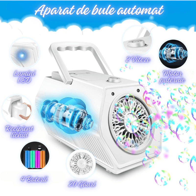 Aparat Baloane Săpun Automat Portabil Ludiro, Jucărie Interactivă cu Lumină LED, 20 Găuri, Alb, 3 Moduri Alimentare – Ideal pentru Copii, Petreceri, Cadouri - LUDIRO