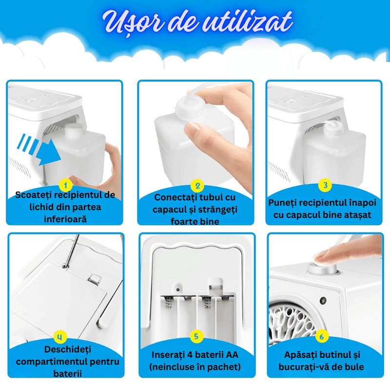 Aparat Baloane Săpun Automat Portabil Ludiro, Jucărie Interactivă cu Lumină LED, 20 Găuri, Alb, 3 Moduri Alimentare – Ideal pentru Copii, Petreceri, Cadouri - LUDIRO