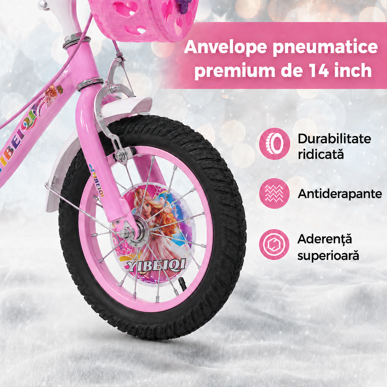 Anvelopă pneumatică antiderapantă de 14 inch și frână față tip V