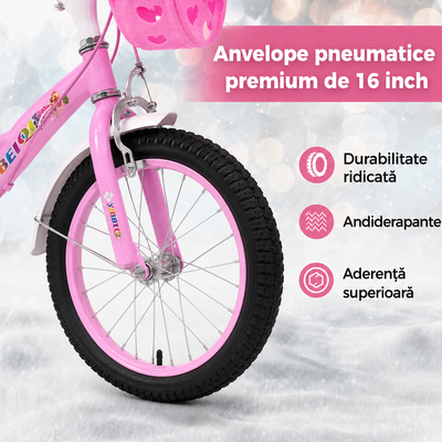 Anvelopă pneumatică antiderapantă de 16 inch și frână față tip V la bicicleta LUDIRO