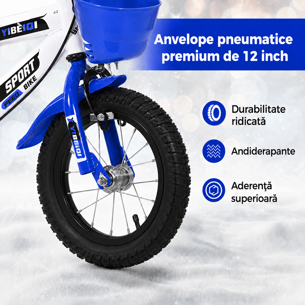 Anvelopă pneumatică de 12 inch pentru bicicleta de copii, cu profil antiderapant, aderență bună și durabilitate ridicată.