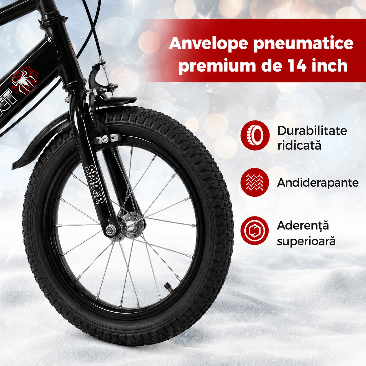 Bicicletă copii 14 inch LUDIRO Spider Net, negru-roșu, cu cască, steag, roți ajutătoare și coș frontal, 3-6 ani - LUDIRO