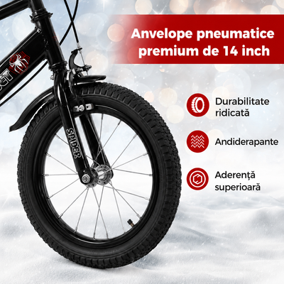 Bicicletă copii 14 inch LUDIRO Spider Net, negru-roșu, cu cască, steag, roți ajutătoare și coș frontal, 3-6 ani - LUDIRO