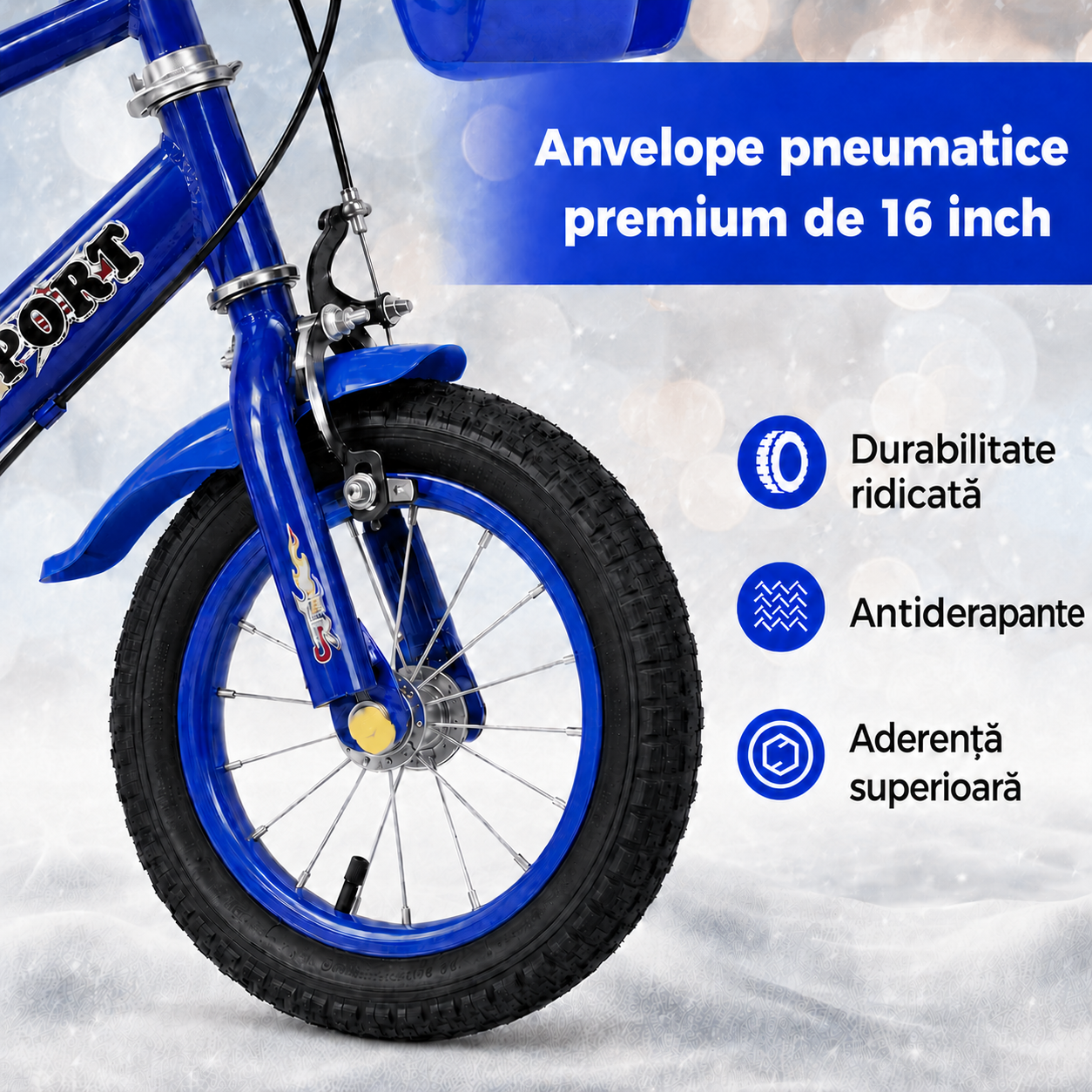 Bicicleta pentru Copii 16 Inch pentru 4–8 Ani, Albastra, cu Roti Ajutatoare - LUDIRO