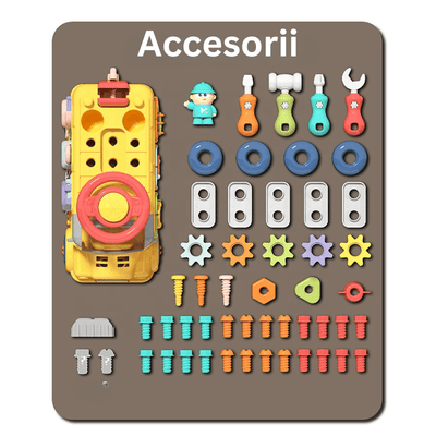 Autobuzul educativ LUDIRO și accesoriile incluse pentru asamblare.
