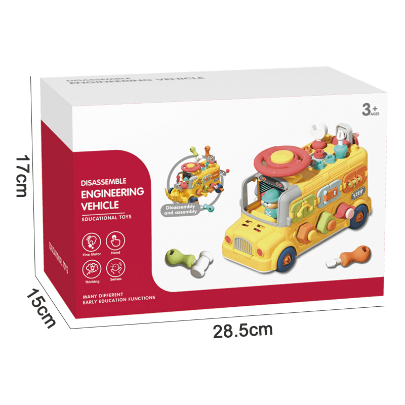 Ambalajul autobuzului LUDIRO, cu marcaj 3+ ani și dimensiuni 28,5 × 15 × 17 cm.