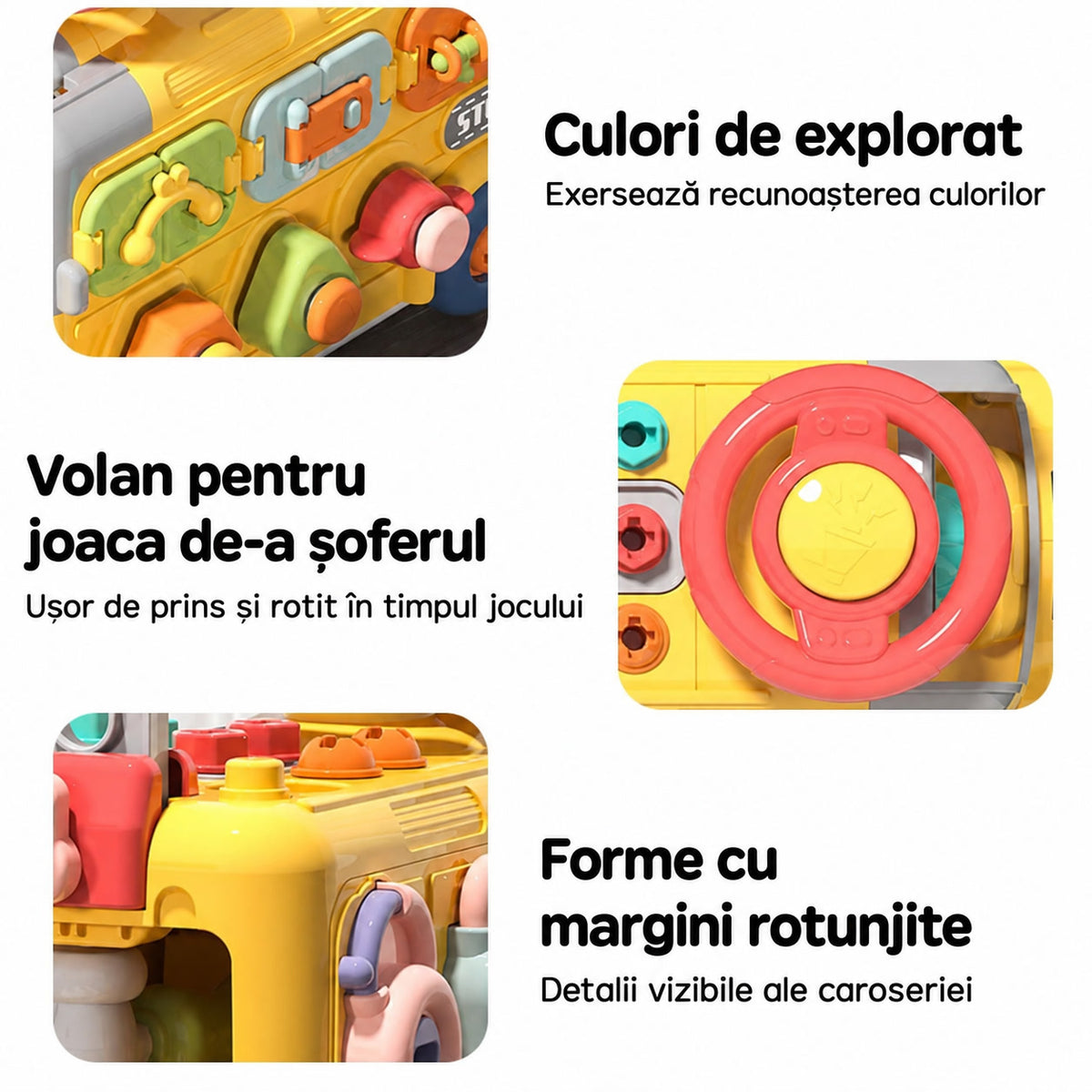 Caracteristicile autobuzului LUDIRO explicate în română: culori, volan și margini rotunjite.