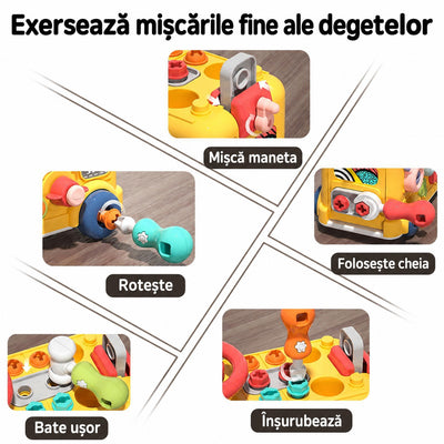 Mișcări de joacă explicate în română: manetă, rotire, cheie, ciocan și înșurubare.