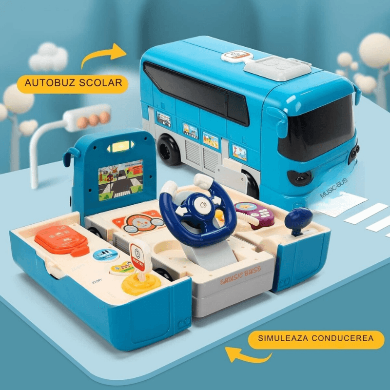 Jucarie interactiva Autobuz 2 in 1, sunete si lumini, simulator de condus, 16 functii, albastru, +3 ani - LUDIRO