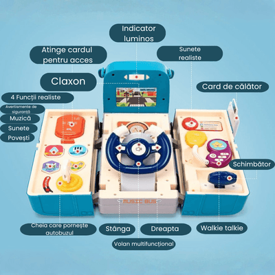 Jucarie interactiva Autobuz 2 in 1, sunete si lumini, simulator de condus, 16 functii, albastru, +3 ani - LUDIRO