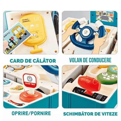 Jucarie interactiva Autobuz 2 in 1, sunete si lumini, simulator de condus, 16 functii, albastru, +3 ani - LUDIRO