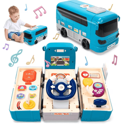 Jucarie interactiva Autobuz 2 in 1, sunete si lumini, simulator de condus, 16 functii, albastru, +3 ani - LUDIRO
