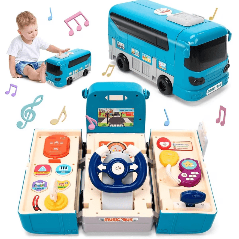 Jucarie interactiva Autobuz 2 in 1, sunete si lumini, simulator de condus, 16 functii, albastru, +3 ani - LUDIRO