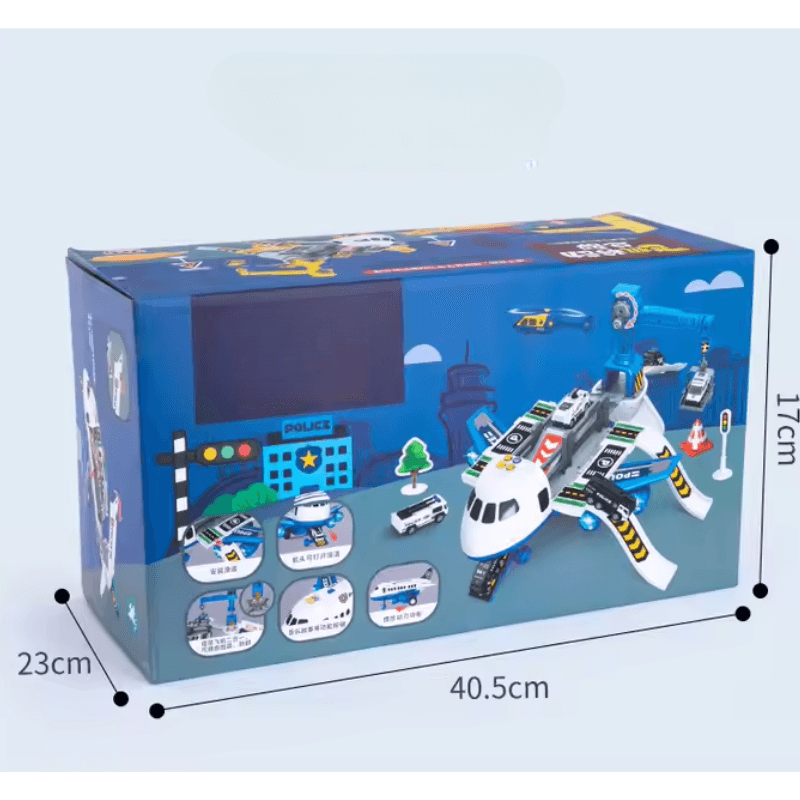 Ambalajul avionului de poliție, cu dimensiuni de 40,5 × 23 × 17 cm.