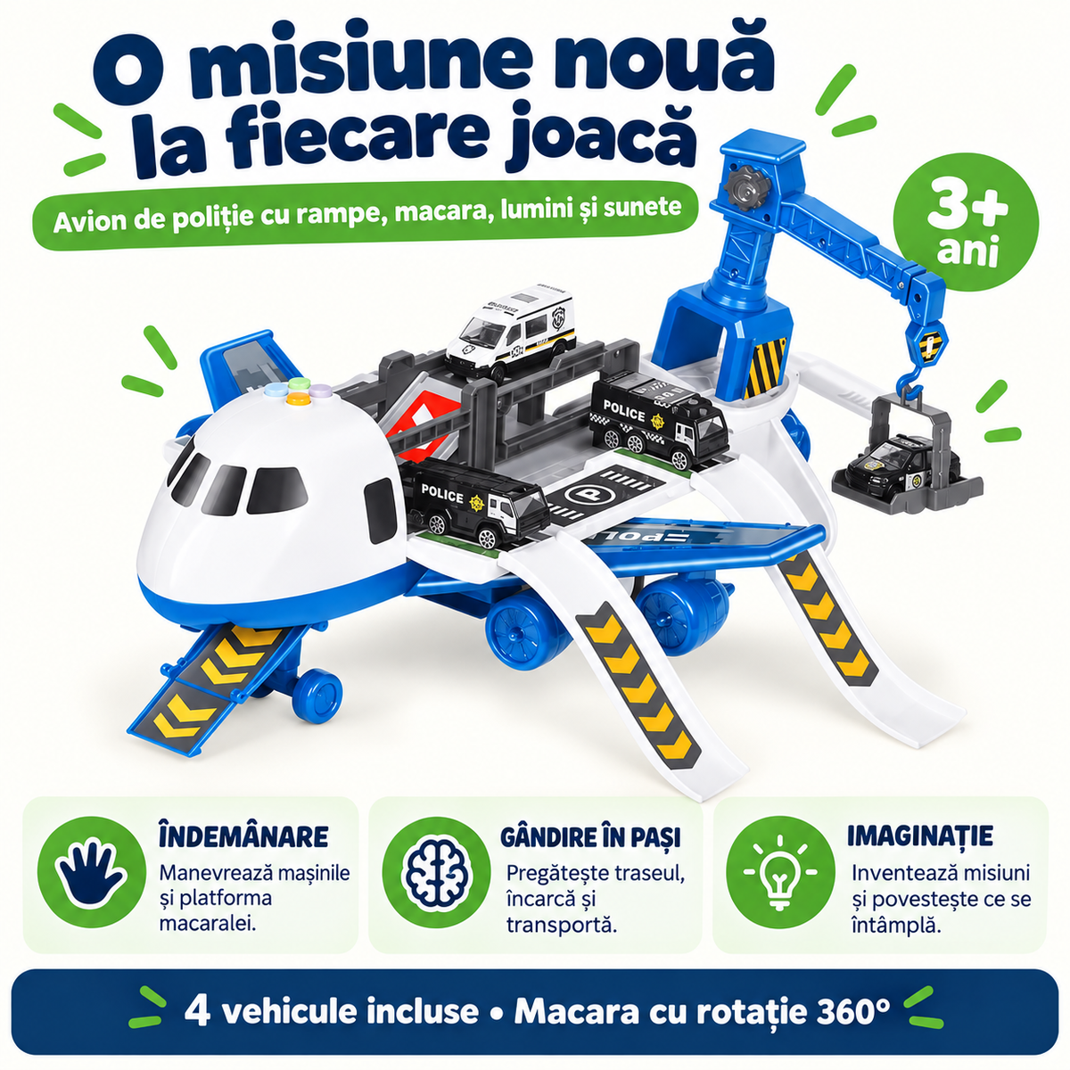 Avion de poliție deschis, cu macara și patru vehicule, ilustrând îndemânarea, planificarea și imaginația prin joacă, de la 3 ani.