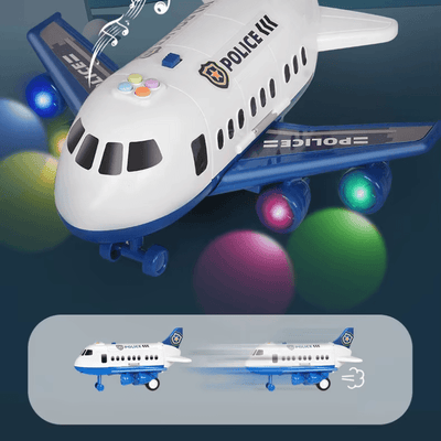 Avion de poliție închis, cu patru butoane colorate și efecte luminoase.