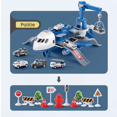 Conținutul setului: avion de poliție, patru vehicule și douăsprezece accesorii rutiere.