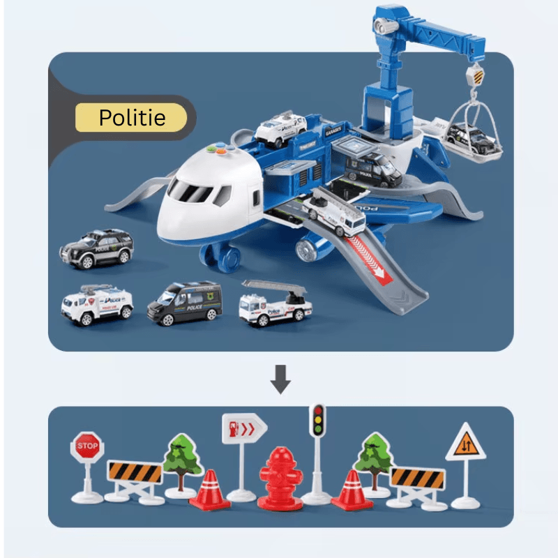 Conținutul setului: avion de poliție, patru vehicule și douăsprezece accesorii rutiere.
