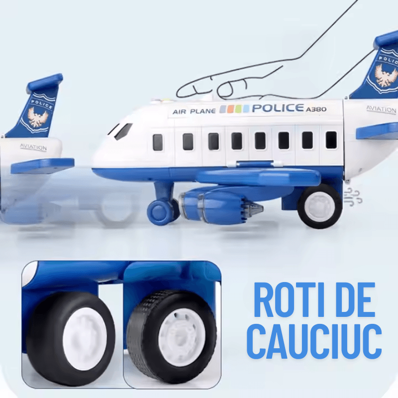 Avion de poliție văzut lateral și detaliu al roților cu elemente din cauciuc.